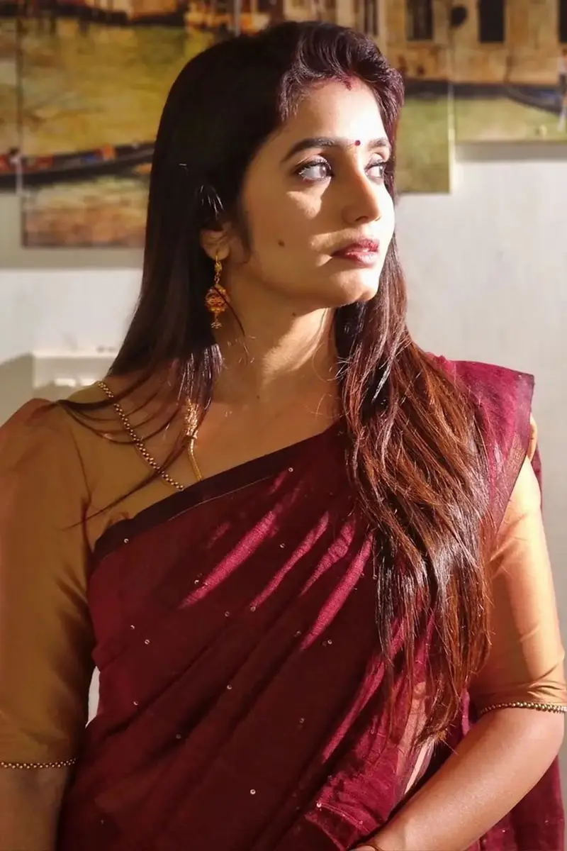 Tamil TV Actress Srithika Photos In Maroon Saree Blouse